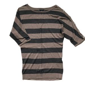 Vintage Y2K Express Gray Tan Stripe Dolman Sleeve Button Shoulder Knit Top Sz XS